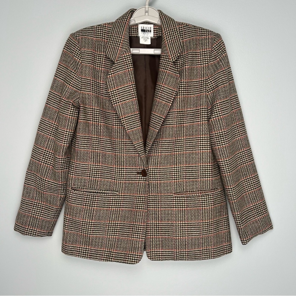 Vintage Fay Leslie Blazer Womens Plaid Size 6P Brown Jacket - Picture 1 of 15